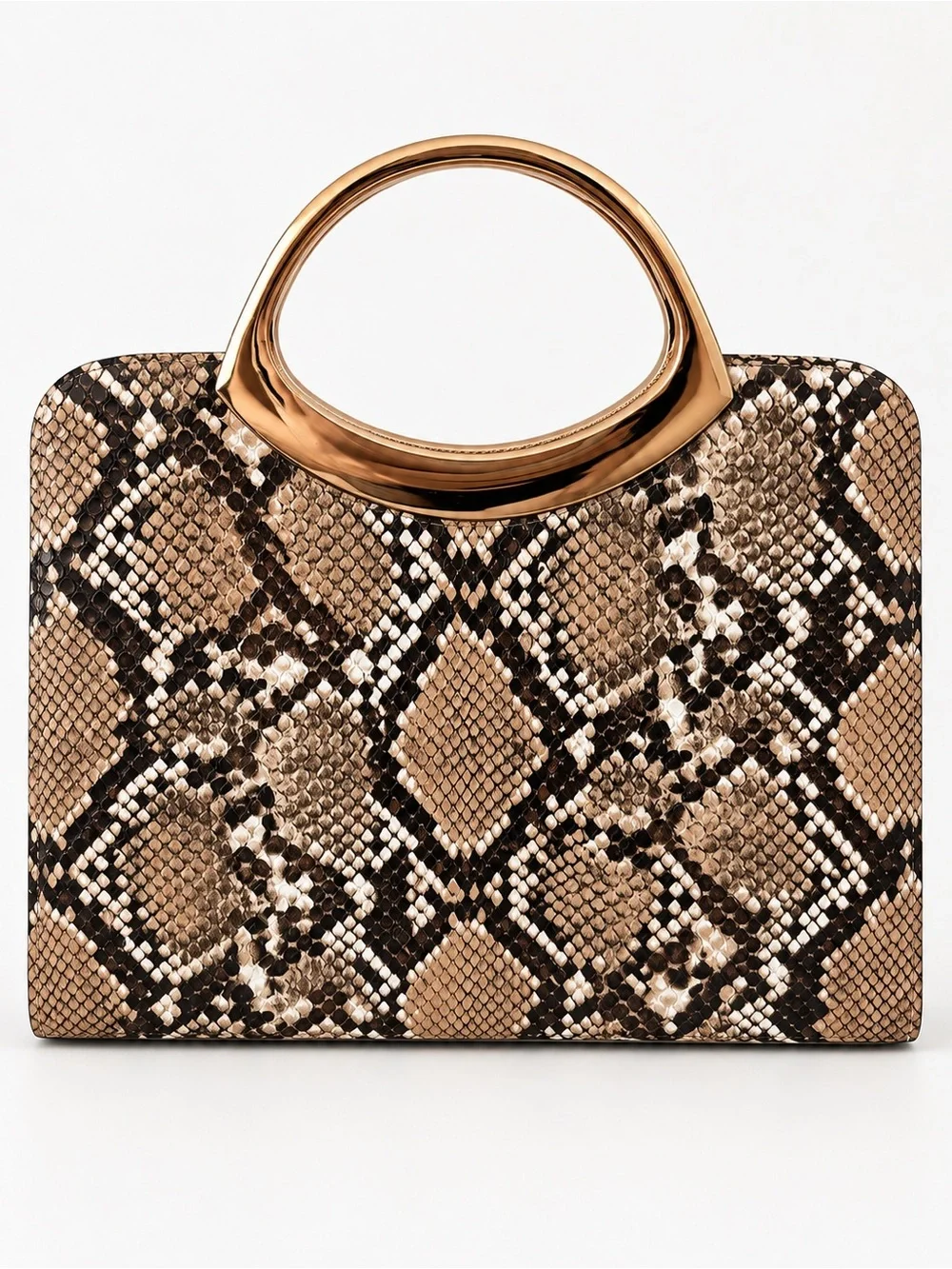 Snake-Print Clutch with Gold Handle and Chain